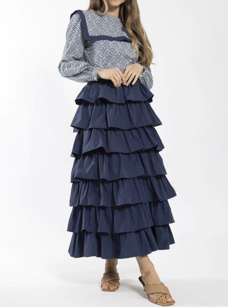 STATIC Ruffle Layered Midi Skirt - Navy