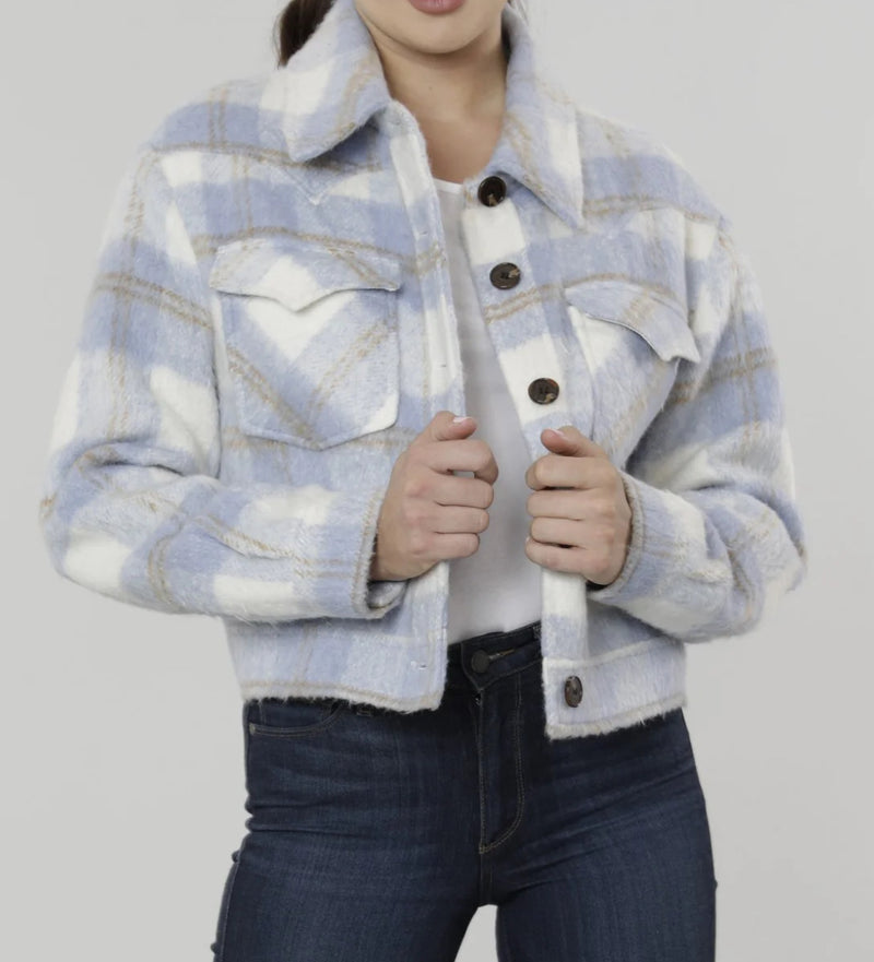 Dolce Cabo Brushed Flannel Plaid Short Jacket - Grey Multi