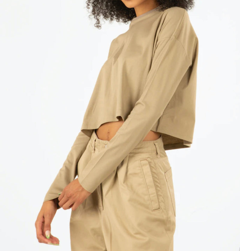 Moussy Vintage Cropped Khaki Long Sleeve Tee