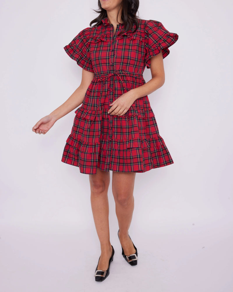 Sail To Sable Red Tartan Tie Waist Shirt Dress