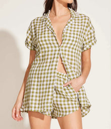 Vitamin A Tallows Linen Short - Avocado Gingham