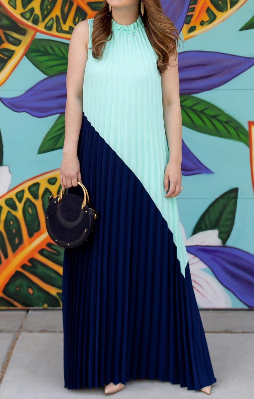 Sail to Sable Emma Pleated Maxi Dress - Beach Glass/Navy