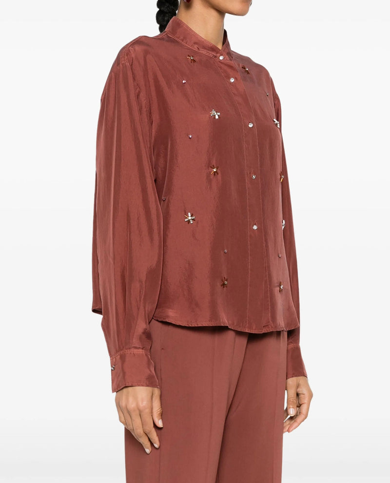 forte_forte Silk Habotai Grandfather Shirt with Crystals - Cacao