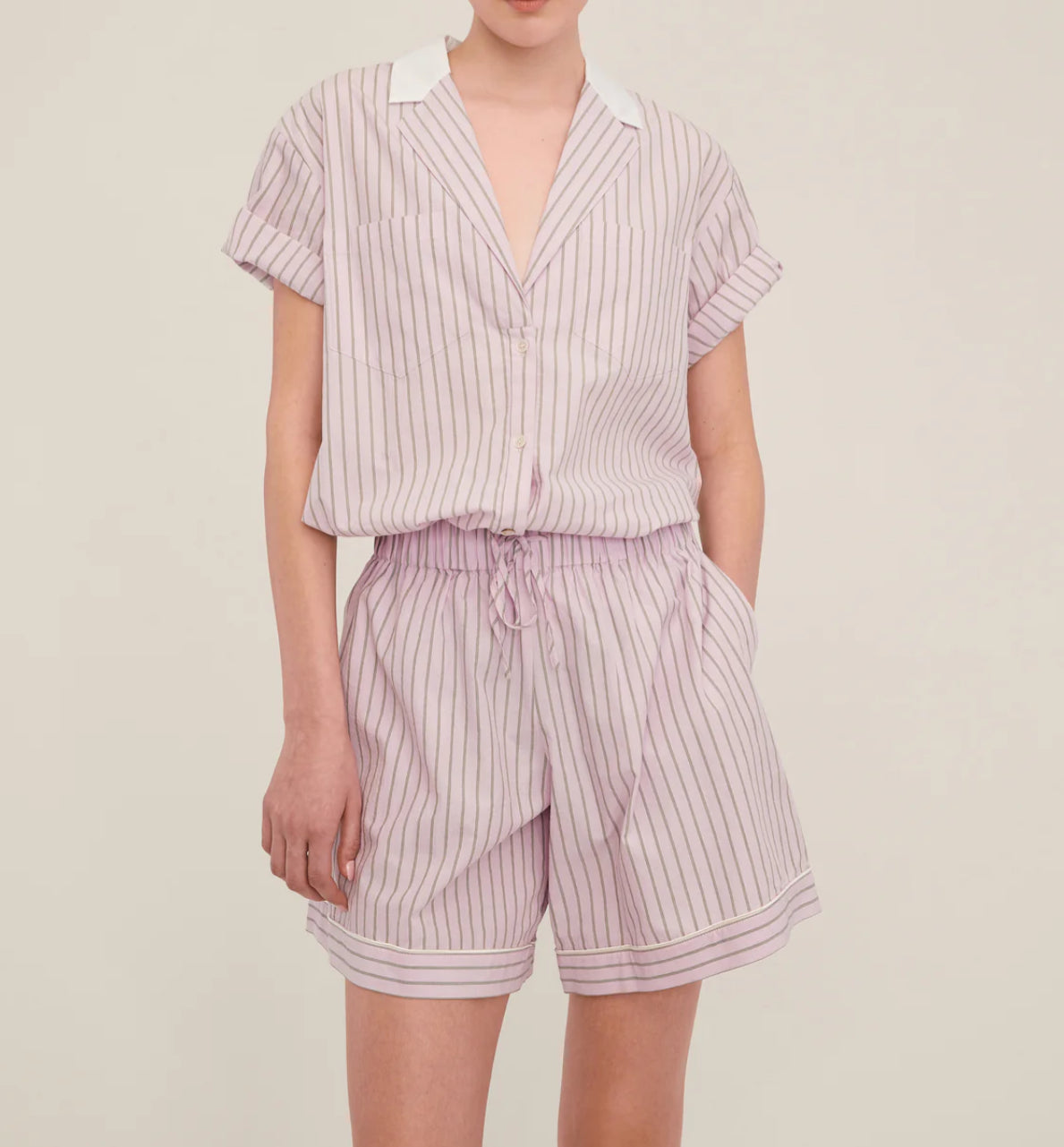 Marissa Webb Margo Notch Collar Camp Shirt - Carnation Edie Stripe White Combo