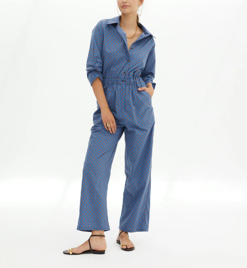 Magnolya Collection Mono Eve Jumpsuit - Blue W/Red Motifs