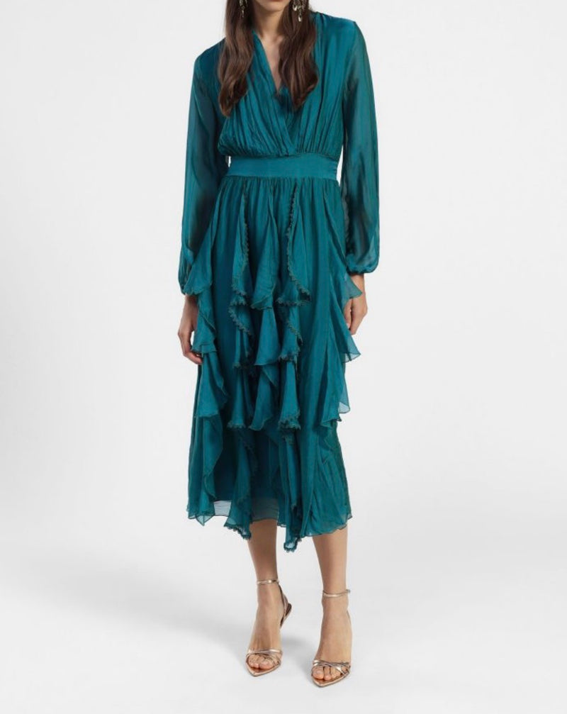 dixie Midi Dress With Long Sleeves And Layered Ruffles - Teal