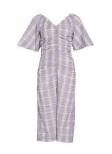 GANNI Seersucker Check V-Neck Midi-Dress - Persian Violet