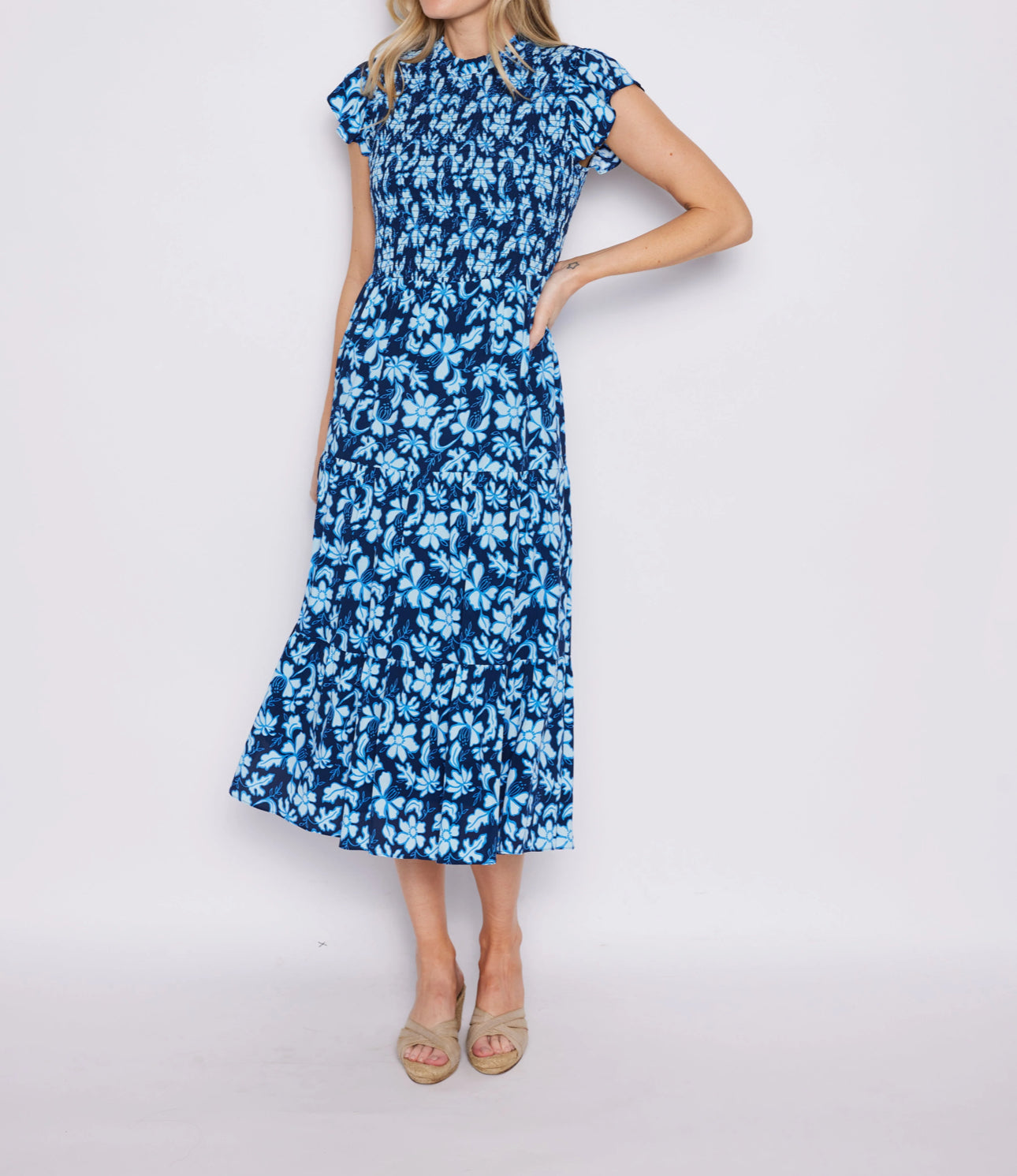 Sail to Sable Fall Floral Smocked Bodice Midi Dress - Omphalodes/Blue