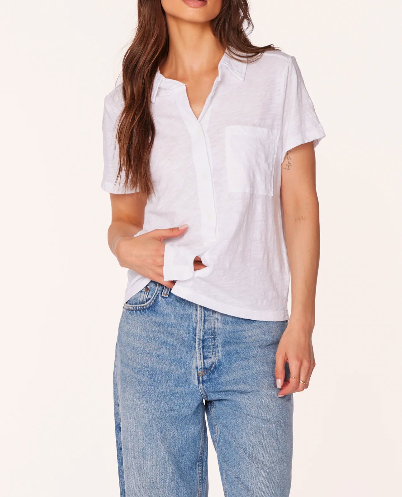 bobi Button Front Collared Tee - White