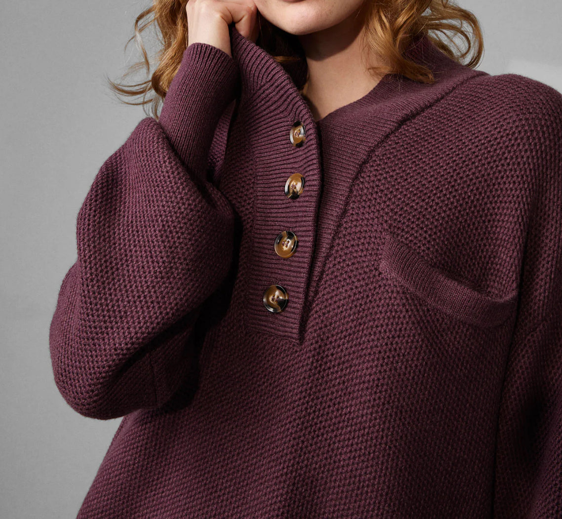 LUNYA Cozy Cotton Silk Pocket Henley - Brandied Plum