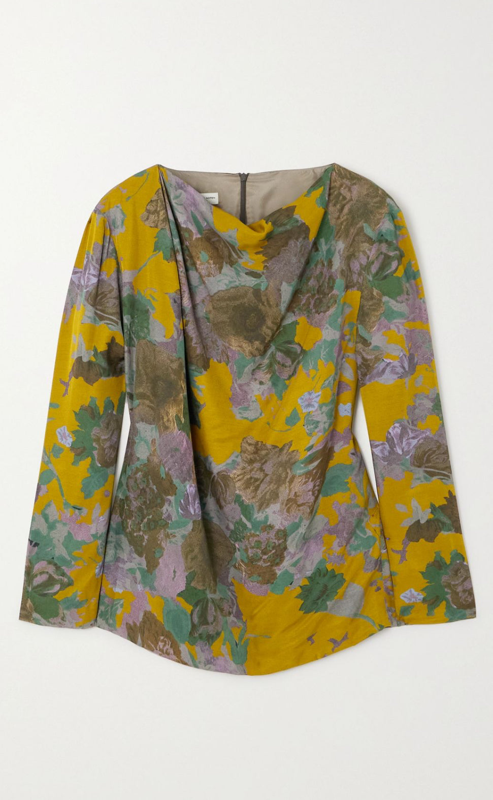 Dries Van Noten Floral Print Draped Crepe Top- Mustard