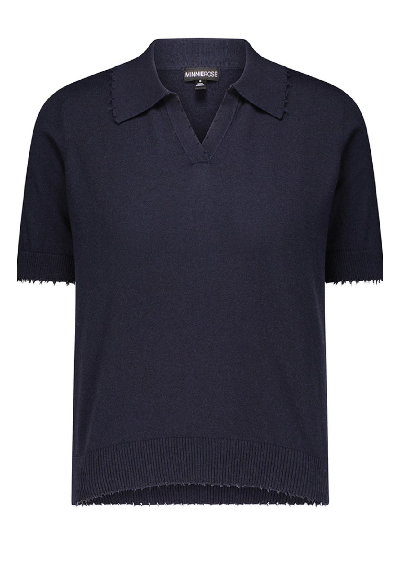 Minnie Rose Cotton Cashmere Frayed Polo - Navy