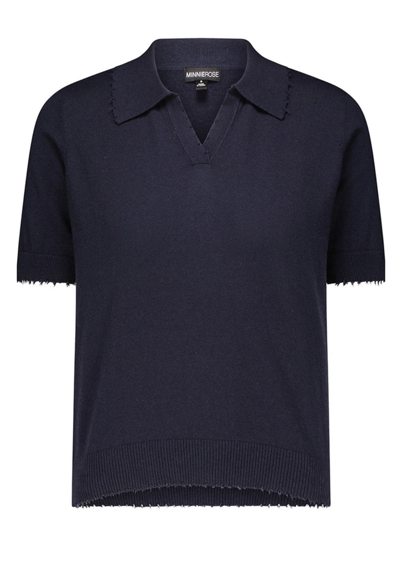 Minnie Rose Cotton Cashmere Frayed Polo - Navy