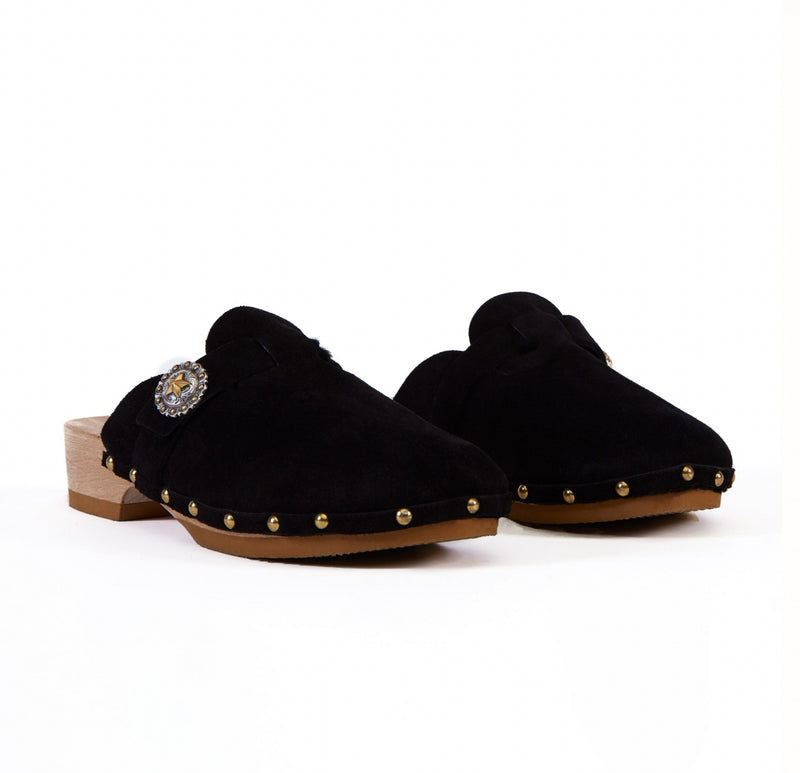 KATE CATE Allegra Suede Calfskin Clogs - Black