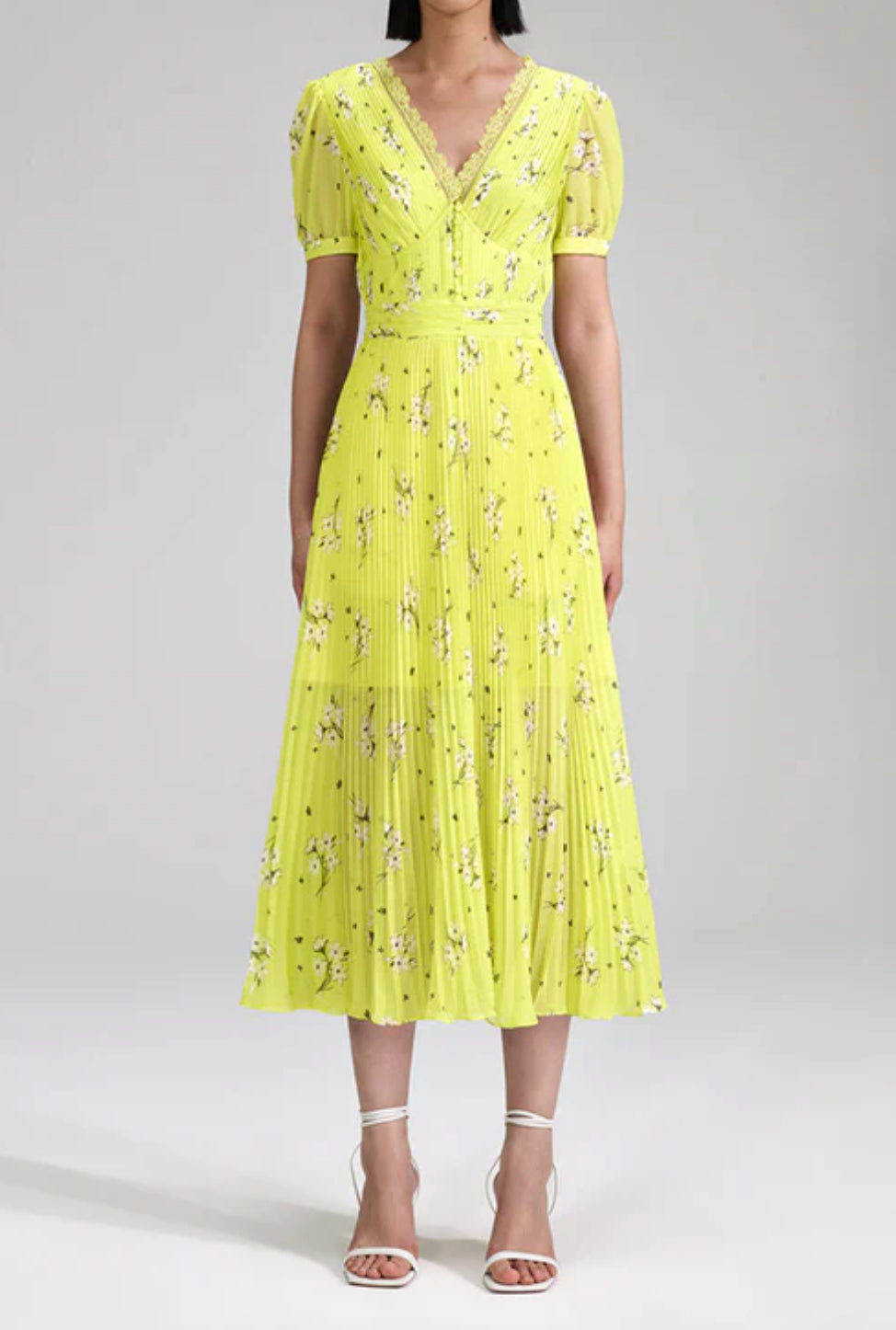 Self-Portrait Lime Floral Chiffon Midi Dress