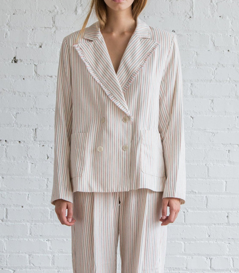 Raquel Allegra Cotton Tickling Stripe Double Breasted Blazer