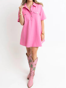 Karlie Clothes Denim Pocket Swing Shirt Dress - Pink