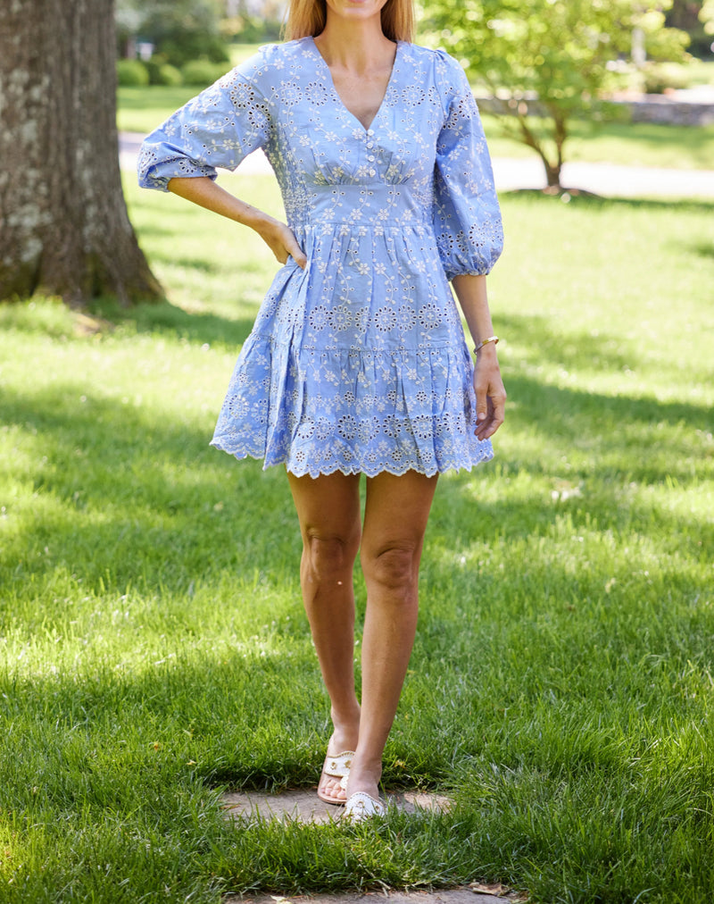 Sail To Sable Eyelet V-Neck Button Front Dress - Hydrangea/White