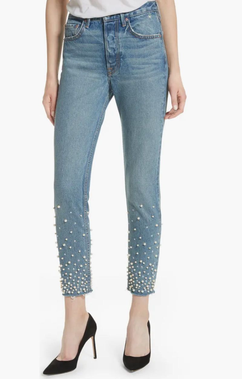 GRLFRND Karolina Faux Pearl & Crystal Embellished Rigid High Waist Skinny Jeans - Morning Star