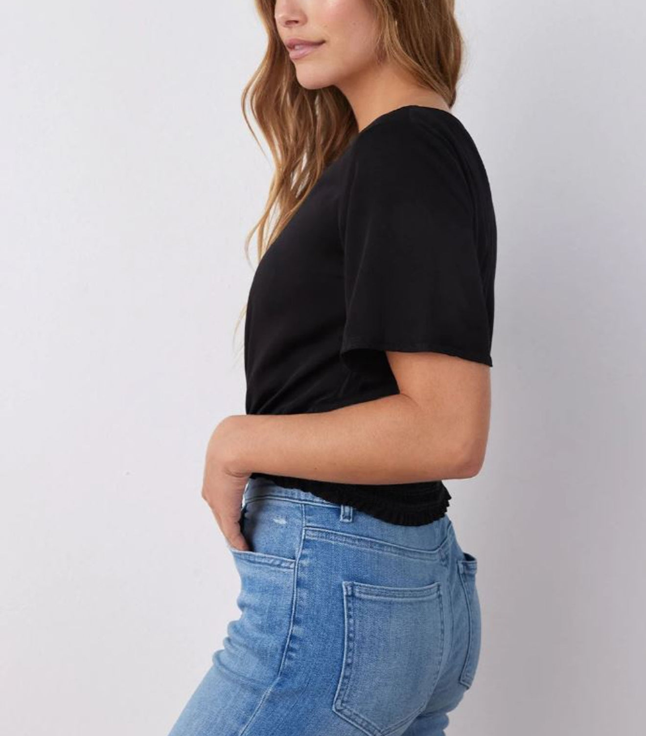 Bella Dahl Satin Smocked Waist Top - Black