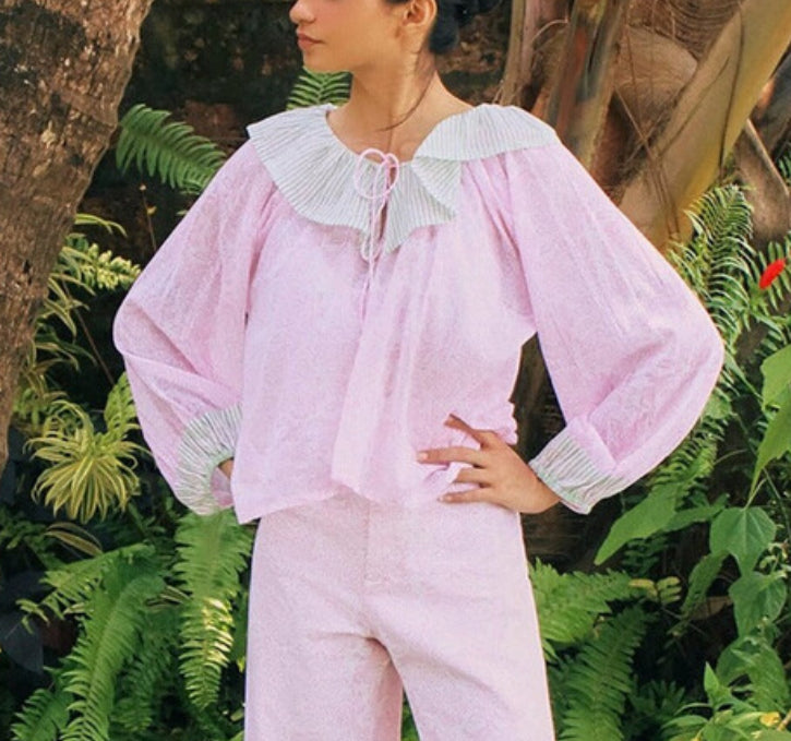 Blockprints Stella Ruffle Collar Top - Barbie Pink