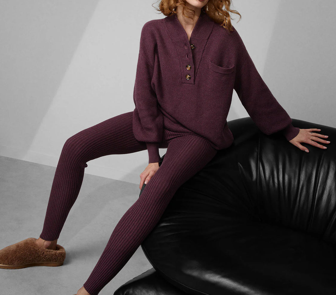 LUNYA Cozy Cotton Silk Pocket Henley - Brandied Plum