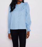 Sail to Sable  Long Sleeve Ruffle Bib Blouse - Light Chambray