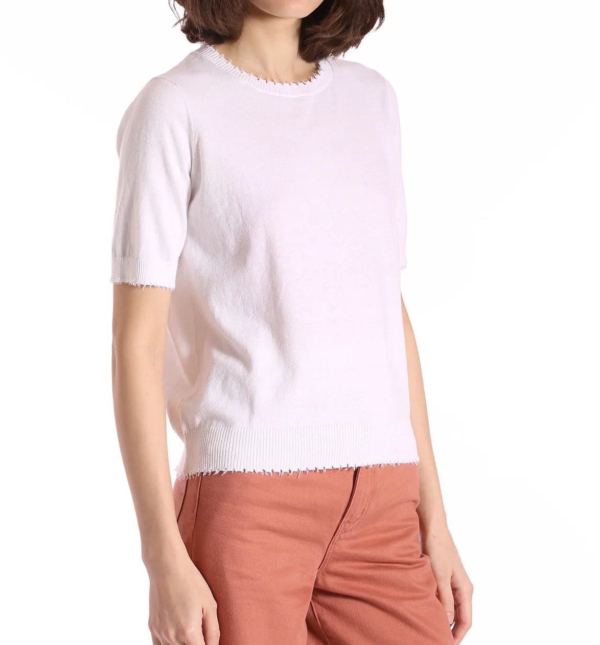 Minnie Rose Cotton Cashmere Boxy Frayed Tee - White