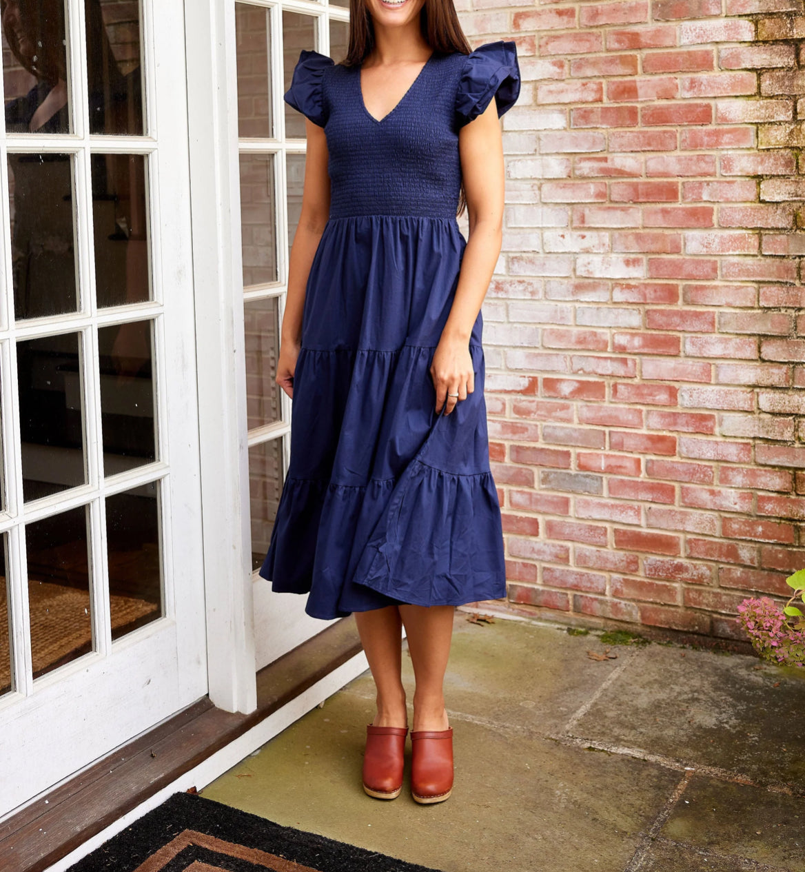 Sail To Sable Navy Smocked Flutter Sleeve Midi Dress