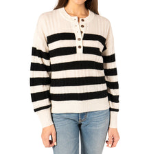 Naadam Lightweight Cashmere Striped Ribbed Henley - Black/White