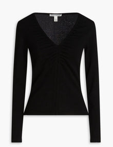 Autumn Cashmere Ruched Slim V Neck Sweater - Black