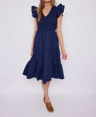 Sail To Sable Navy Smocked Flutter Sleeve Midi Dress