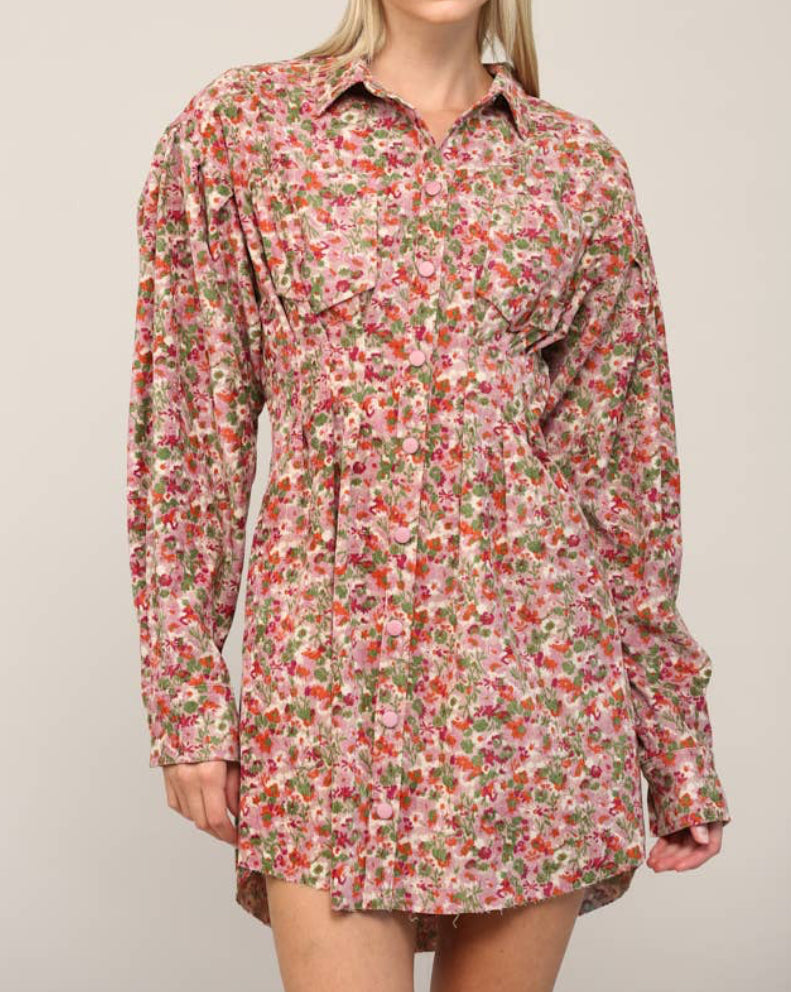 Fate Floral Print Corduroy Tucked Waist Shirt Dress