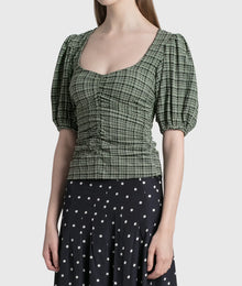 GANNI Seersucker V-Neck Blouse - Mini Check Green Bay