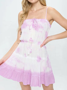 Mer + Lune Tie Dye Short Strappy Dress With Front Tie - Purple