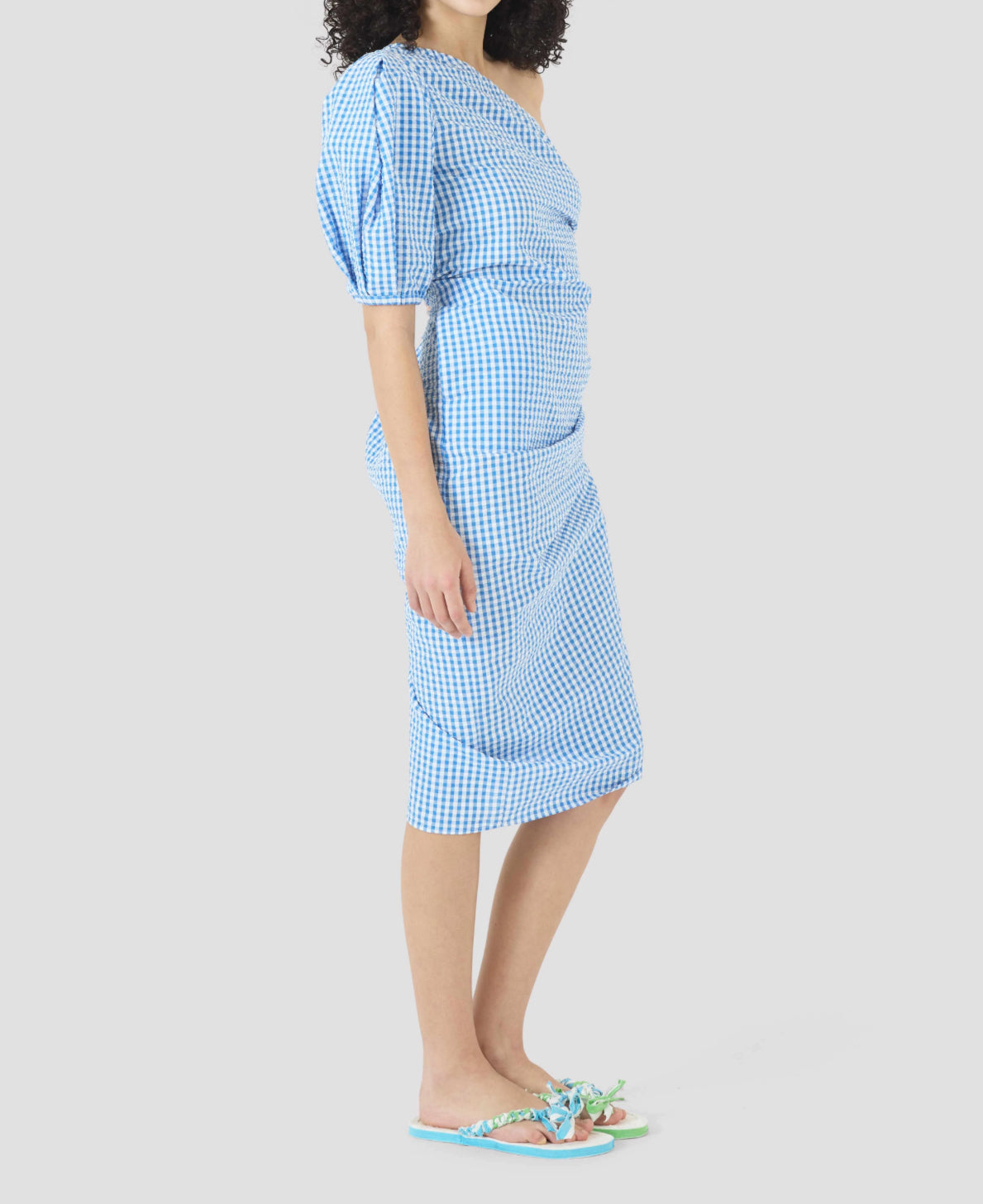 Rosie Assoulin One Shoulder Puff Sleeve Dress - Blue Seersucker Gingham