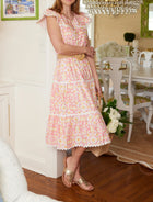 Sail To Sable Peach & Lemon Blush Medallion Print Flutter Sleeve Ric-Rac Midi Dress