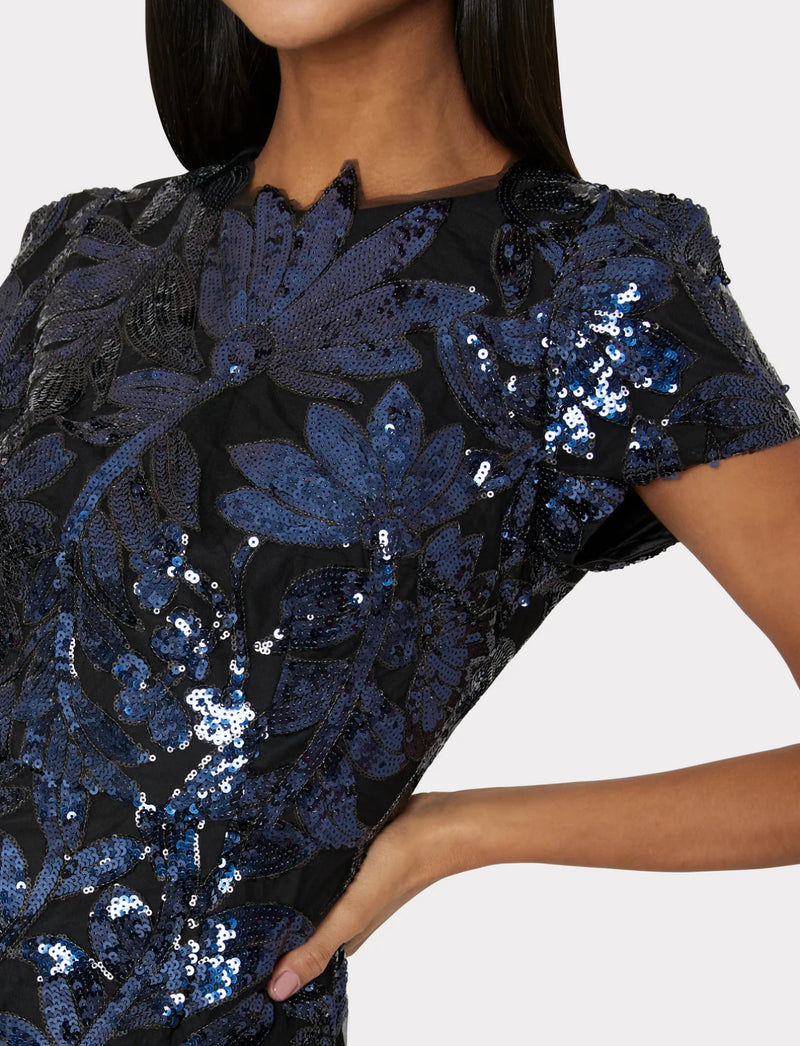 Milly Kyla Floral Sequins Dress - Navy