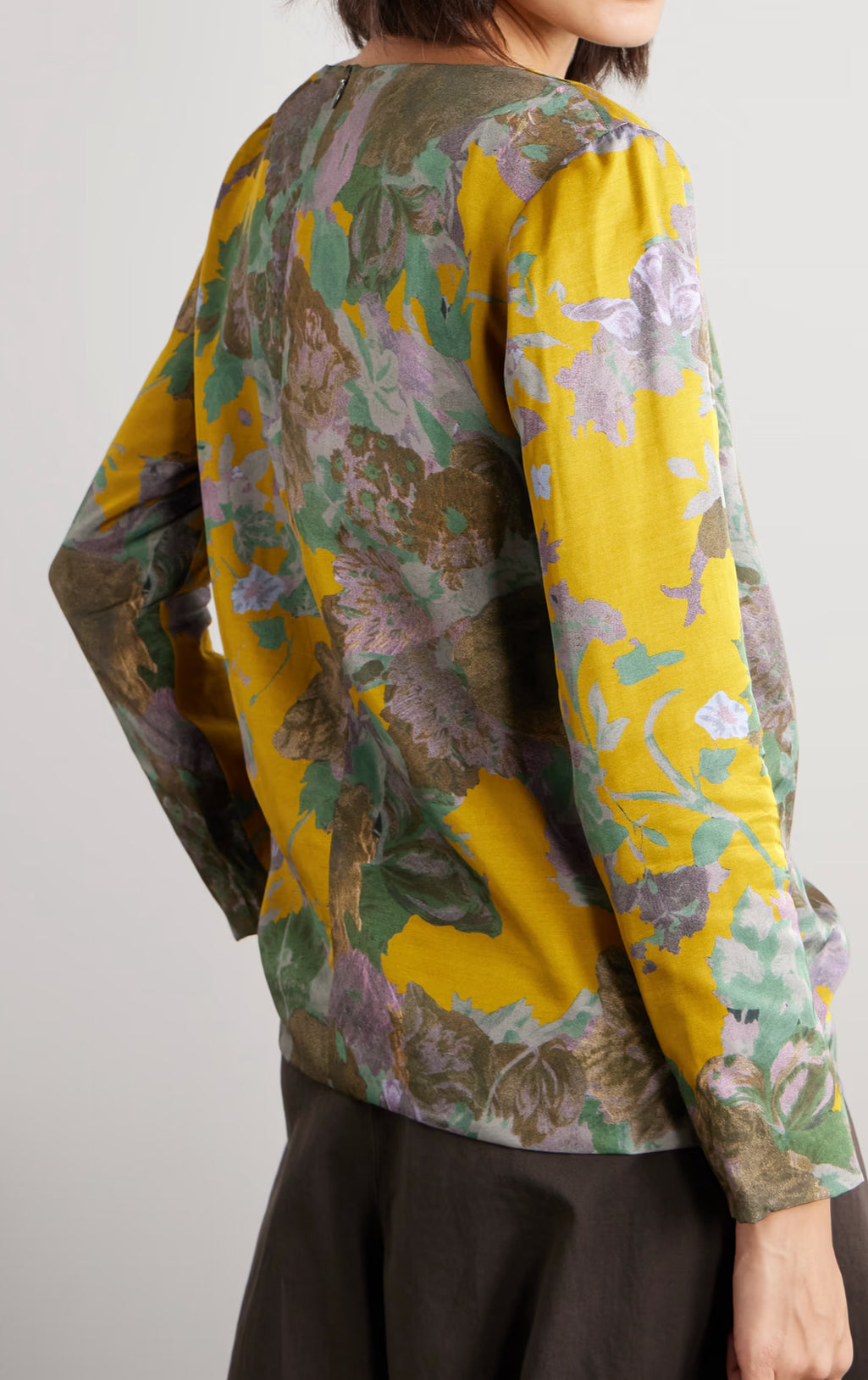 Dries Van Noten Floral Print Draped Crepe Top- Mustard