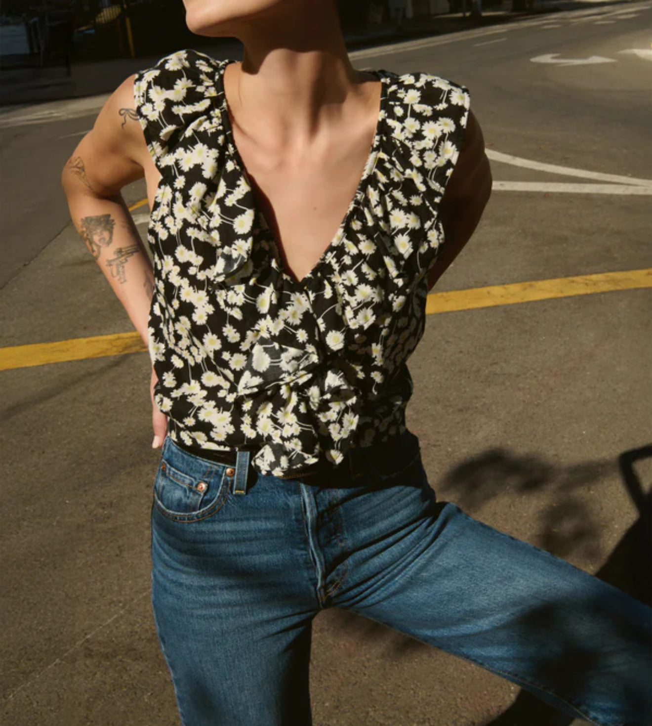 Nation Ltd Ella Ruffle Top - Black Hazy Daisy