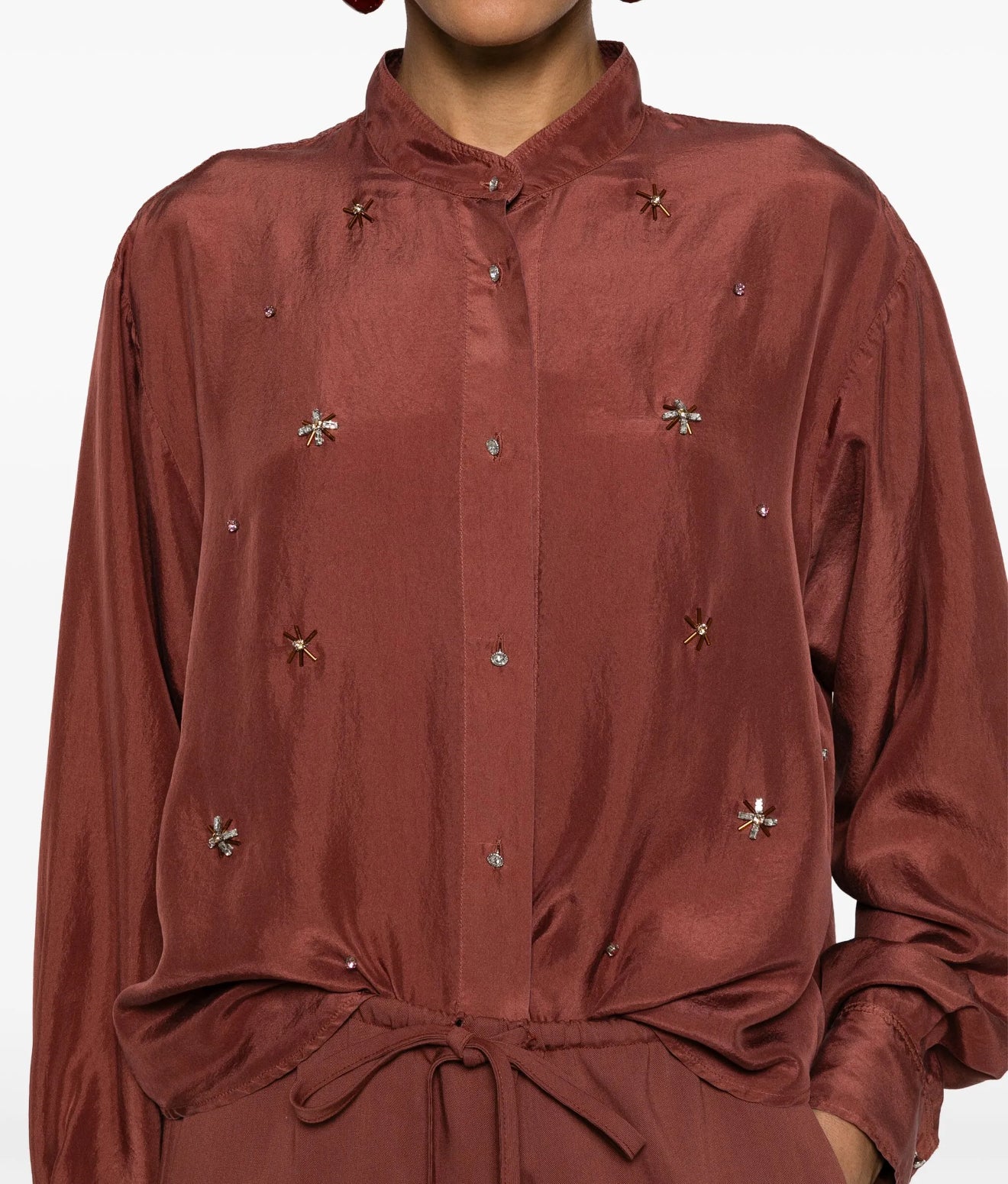 forte_forte Silk Habotai Grandfather Shirt with Crystals - Cacao