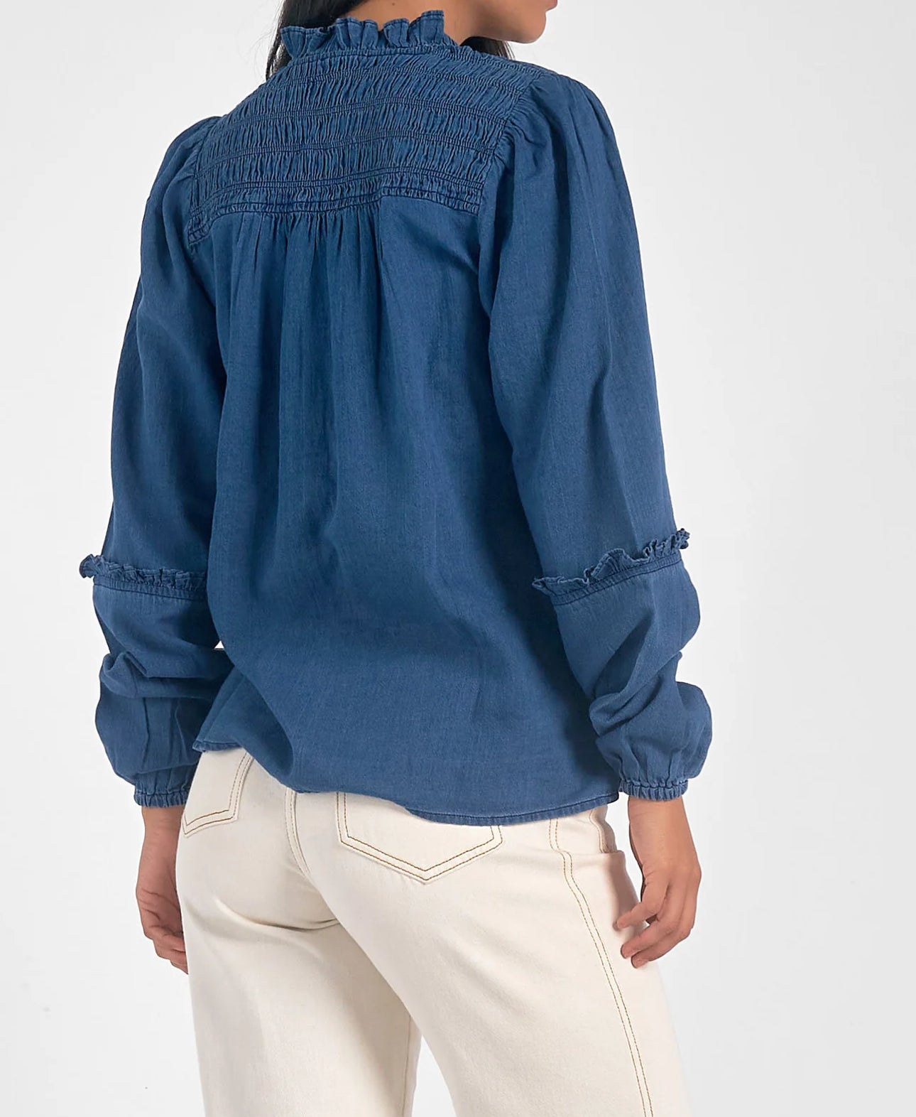 Elan Ruched Denim Tassel Top