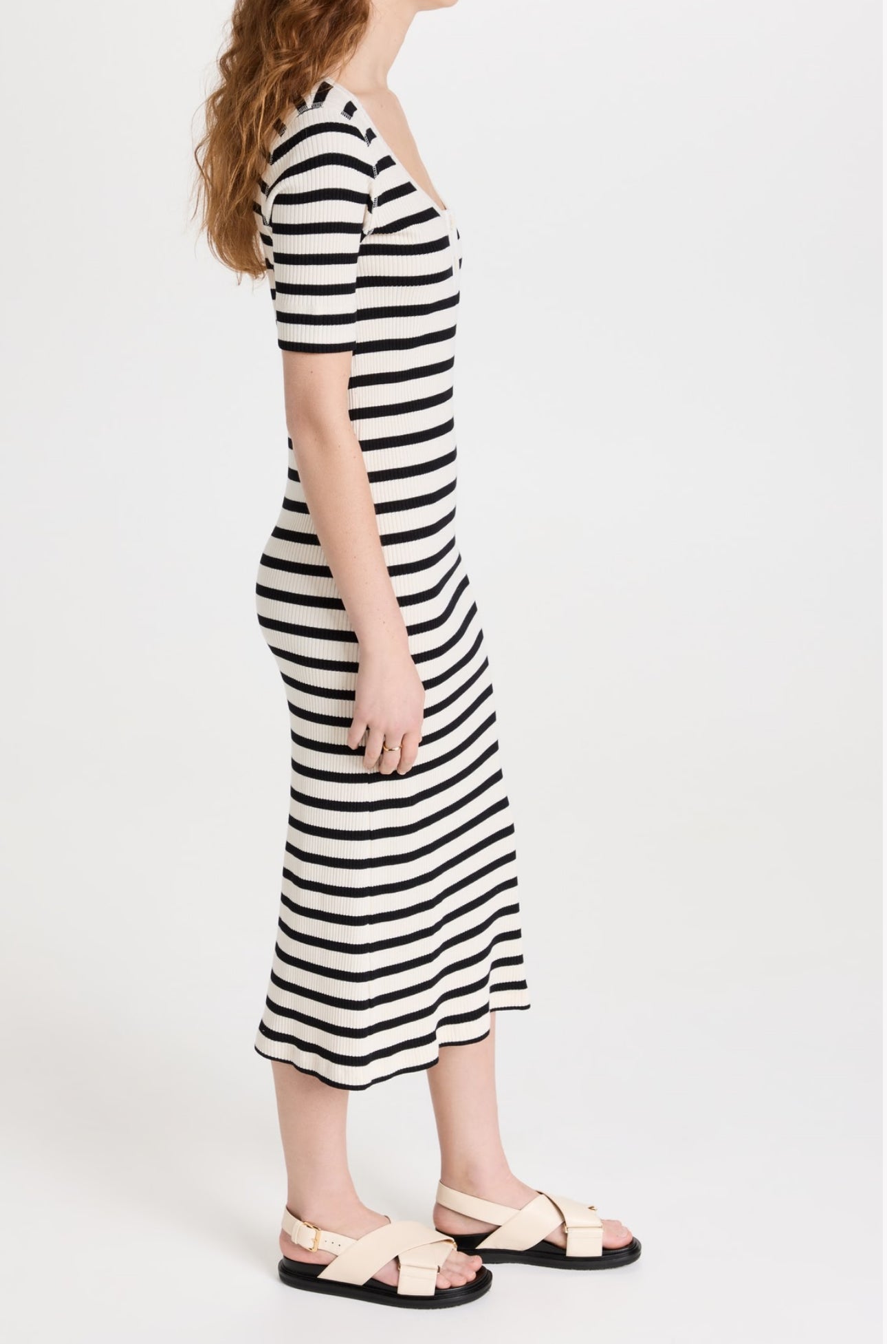 GANNI Striped Rib Knit Midi Dress - Black/White