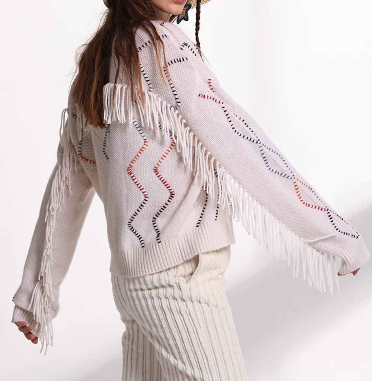 Minnie Rose Cable Corded Fringe Pullover - White Combo