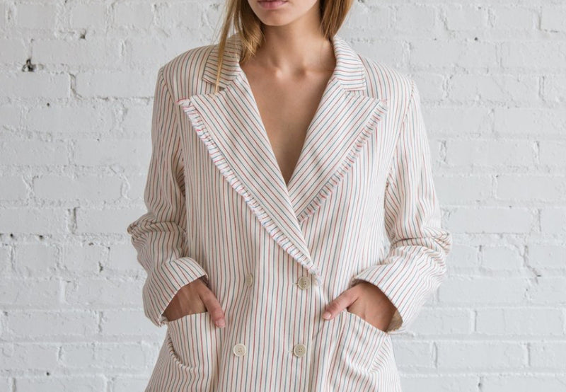 Raquel Allegra Cotton Tickling Stripe Double Breasted Blazer