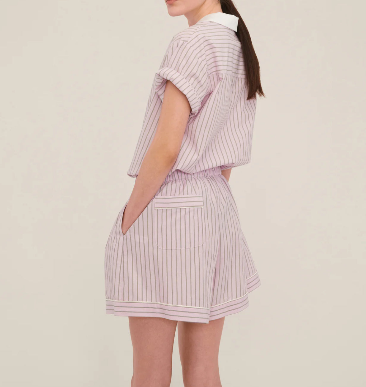 Marissa Webb Margo Notch Collar Camp Shirt - Carnation Edie Stripe White Combo