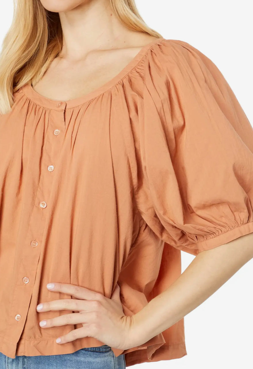 Sundry Puff Sleeve Woven Button Front Blouse - Clay