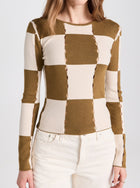 Moon River Checkerboard Sweater Top - Olive