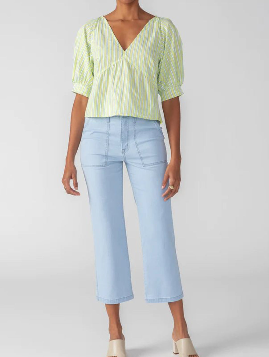 Sanctuary V-Neck Poplin Top - Green Energy /White Stripe