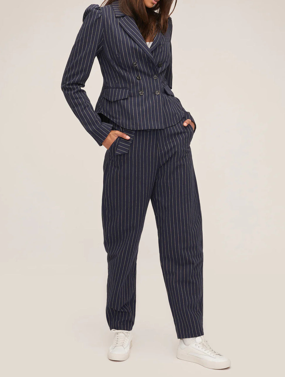 Marissa Webb Noel Double Breasted Navy Pinstripe Shirt Blazer